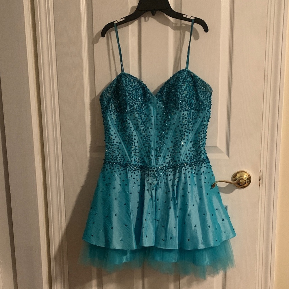 Blue Teal Beaded Mini Prom Dress